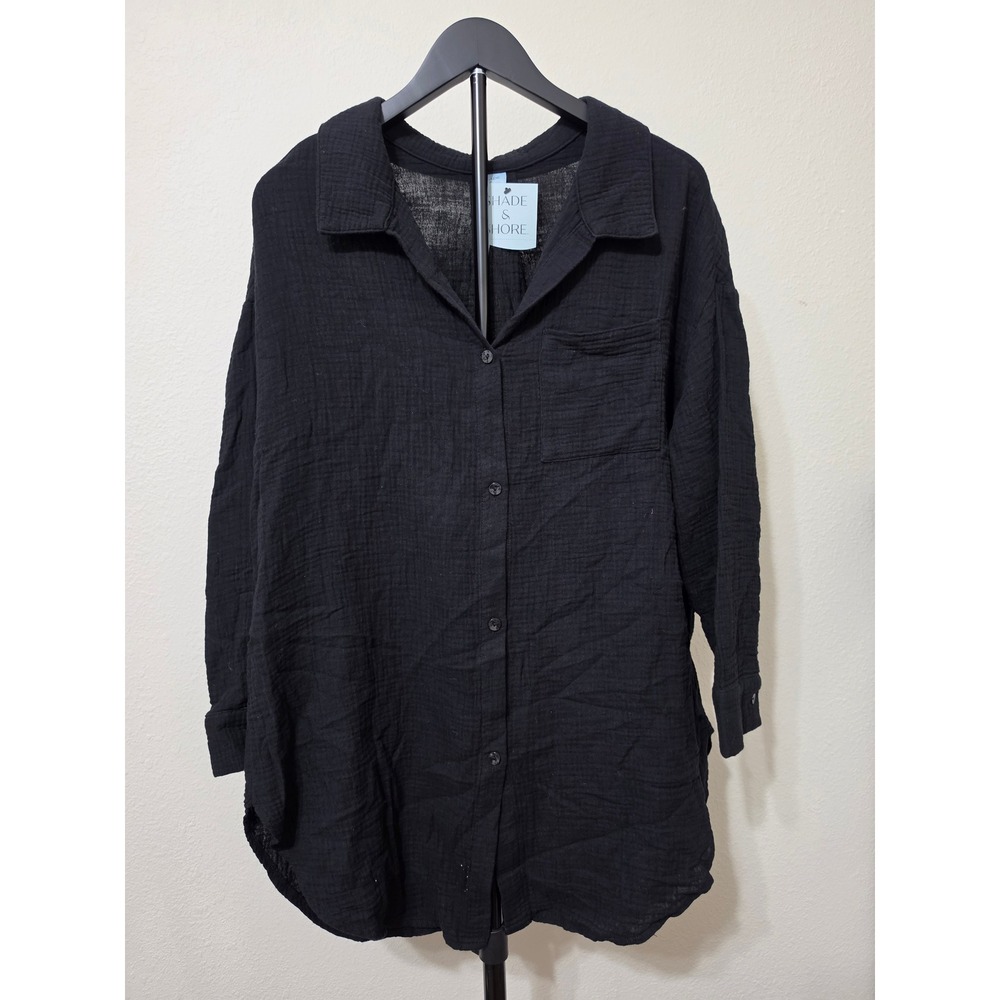Shade & Shore Black Gauze Button Down Swim Cover Up Shirt Medium NWT